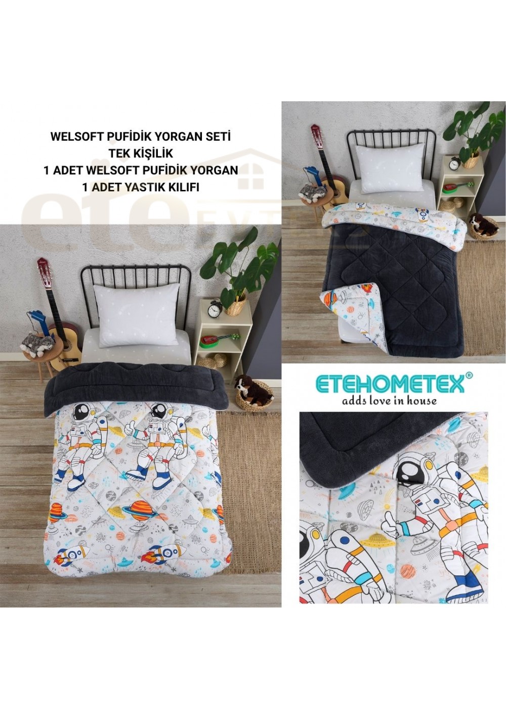 ETE HOMETEX TEK KİŞİLİK LÜX WELSOFT YORGAN ASTRONOT ANTRASİT 155X215CM 8696474231858